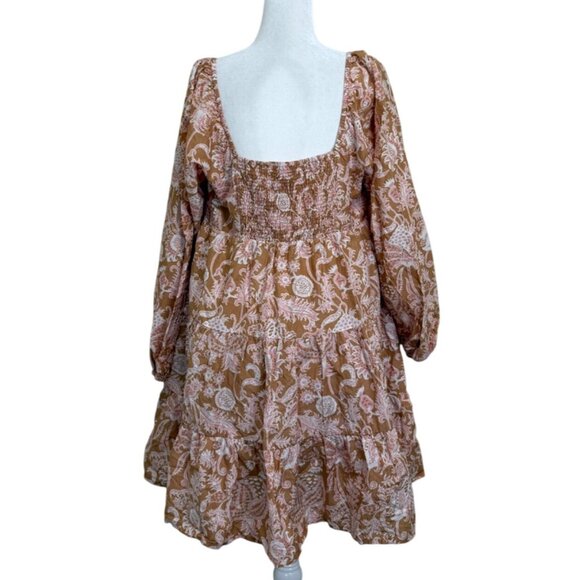 Roller Rabbit Printed Dress Long Sleeve Smocked Boho Cotton Silk Blend Womens L - Picture 3 of 8